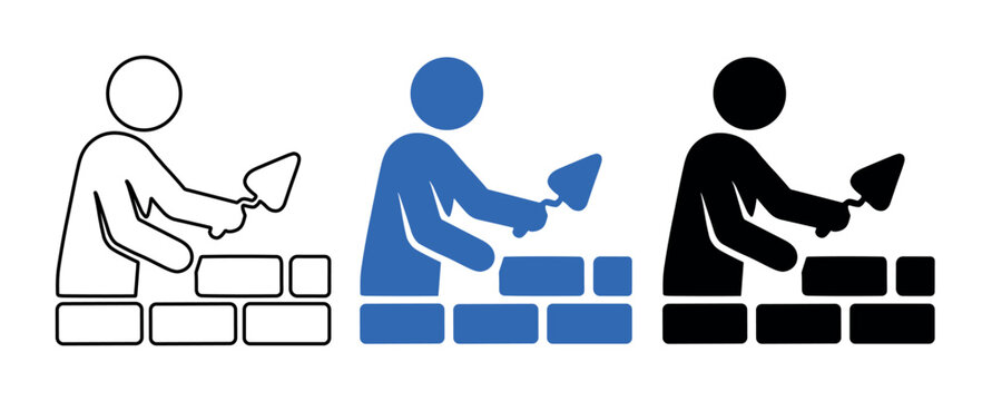 Three simple graphic icons depicting a person laying bricks with a trowel, presented in outline, blue solid, and black solid styles on a white background