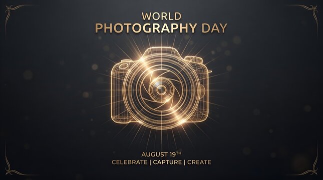 World photography day graphic featuring a glowing golden wireframe digital camera design centered on a dark professional background to honor the art of capturing images