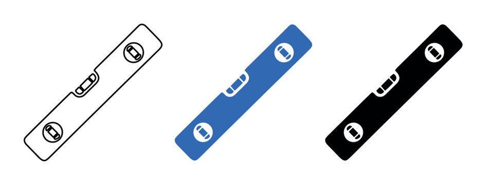 Three distinct spirit level icons, including outline, solid blue, and solid black versions, presented on a clean white background