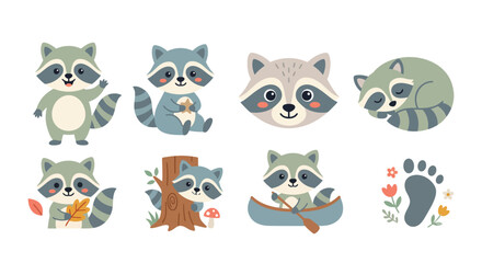 Obraz premium Set of cute little raccoon characters doing different activities in a cartoon style Vector
