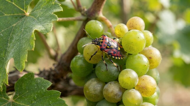 Brown marmorated stink bug on white grapes, agricultural pest damage in vineyard, invasive insect on grapevine