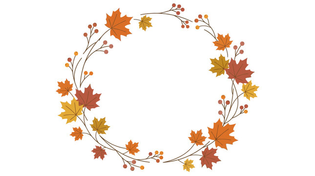 Autumn maple leaf wreath with berries, fall foliage circular frame vector, seasonal botanical border for invitations and cards