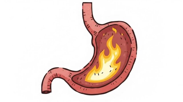 Anatomical of a human stomach with internal fire representing heartburn, acid reflux, and severe gastric pain, flat
