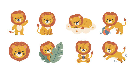 Fototapeta premium Set of cute baby lion character illustrations doing different activities and poses Vector