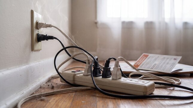 Smoking wall outlet with overloaded power strip on wooden floor