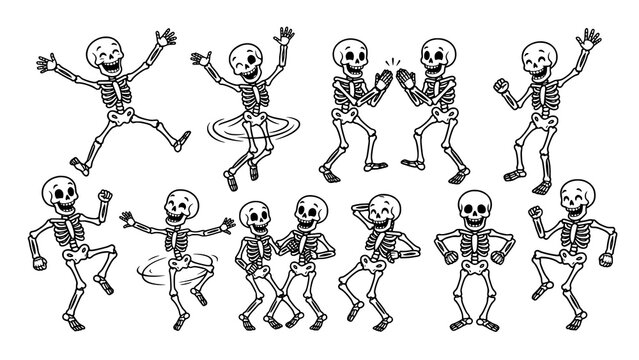 Collection of playful cartoon skeletons dancing in various joyful poses