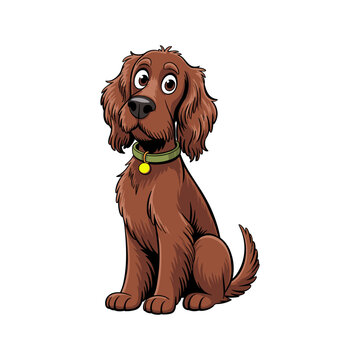 Cute brown shaggy dog sitting with green collar and yellow tag, isolated cartoon character vector illustration on white background