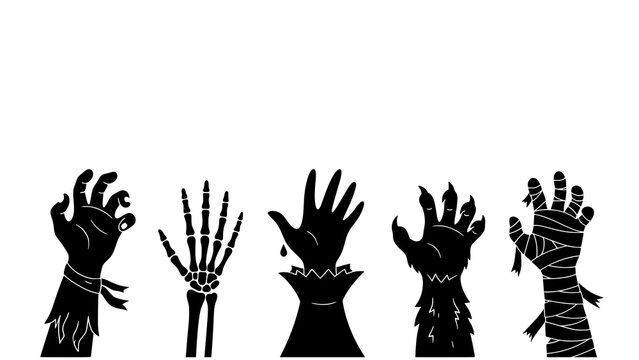 Five spooky halloween hands including skeleton zombie mummy and claw designs