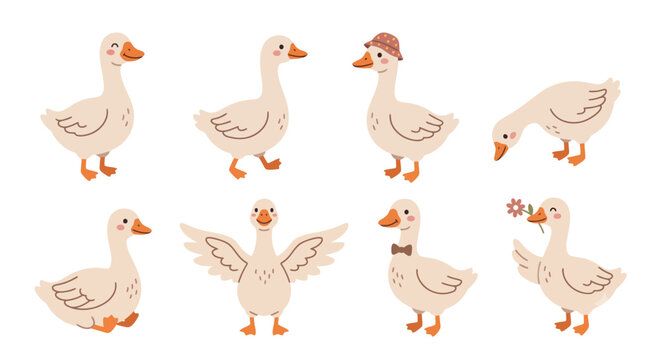 Cute cartoon goose set with different poses and accessories in hand drawn style Vector