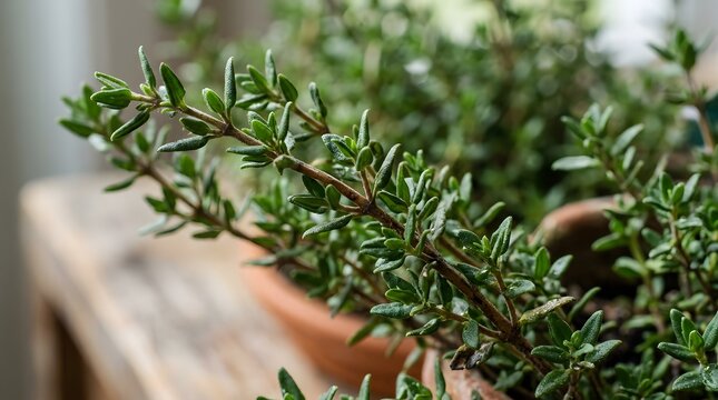 Fresh herb plant with green leaves growing in a pot