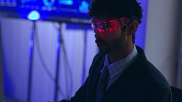 Augmented reality glasses man technology futuristic interface digital neon blue engineer laboratory goggles computer profile research monitoring wearable suit calm innovation