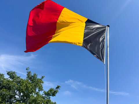 View of the national flag of Belgium waving against a clear blue sky with green tree foliage in the foreground in Zaandam, North Holland, Netherlands.