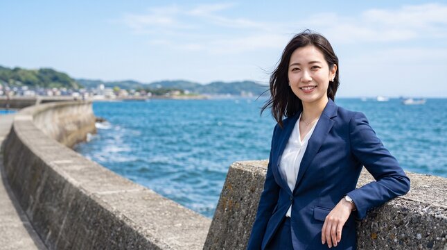 プロフィール写真をイメージした、海辺の防波堤に寄りかかり爽やかな風に吹かれている、穏やかな笑顔をカメラに向けている知的な印象の20代日本人女性社員のバストアップポートレート