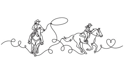 Obraz premium Continuous line of two cowgirls riding horses, one swinging a lasso, with a heart shape at the end, isolated on a white background, western theme, minimalist