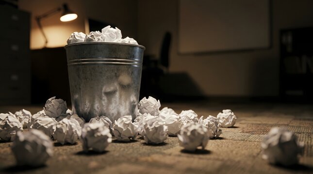 Overflowing metal trash can surrounded by crumpled paper balls on an office floor in dramatic lighting.