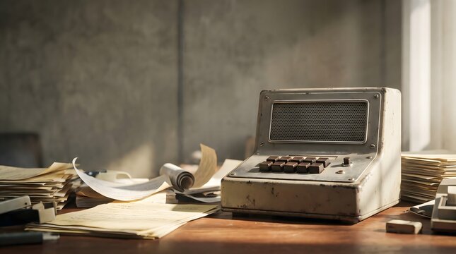 Vintage mechanical adding machine on a messy office desk covered with documents and paperwork in warm sunlight.