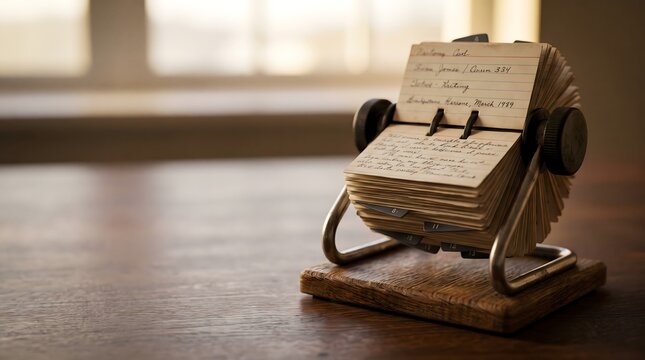 Vintage rotary card file organizer with handwritten notes sitting on a classic wooden office desk.