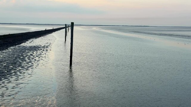 Calm seawater gently rippling along a tidal mudflat with wooden posts at dusk