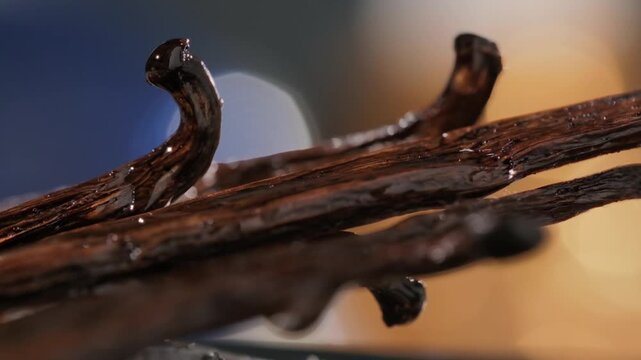 Cinematic fixed macro super slow-motion close-up of a drop of vanilla essence falling from the curved tip of a vanilla bean pod. Soft lighting and shallow depth of field emphasize the glossy droplet