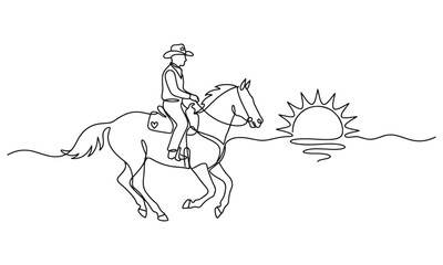 Obraz premium Continuous single line of a cowboy riding a horse towards a rising sun, western theme, minimalist black ink isolated on a white background, ranch life