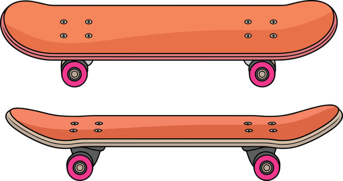 Orange skateboard vector set showing top view and side view with pink wheels isolated on white background