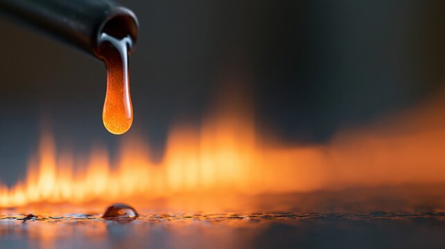 Golden liquid dripping from black tube onto reflective surface with fiery orange background