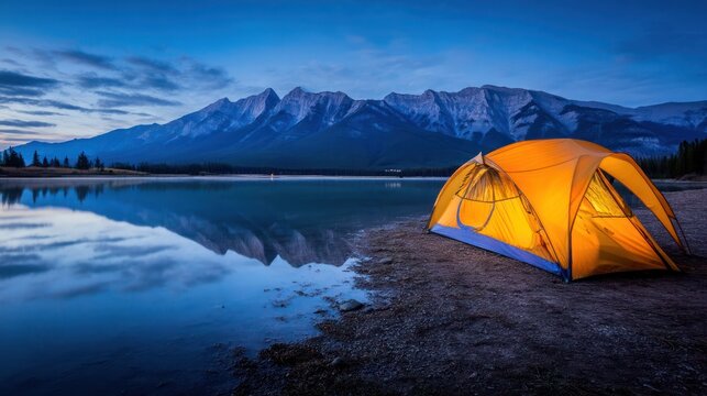 Illuminated tent by a calm lake with mountain backdrop under a twilight sky