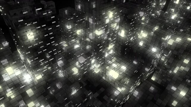 An expansive illuminated cube matrix visualising big data storage, cloud computing networks, data centers, and massive digital infrastructure.