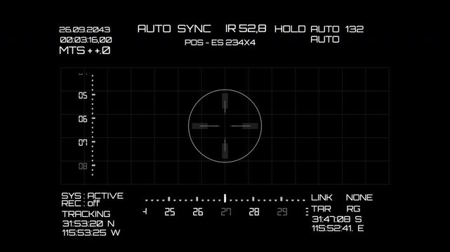 A monochrome tactical tracking HUD with a white grid surveillance interface displaying crosshairs, telemetry, and targeting data.