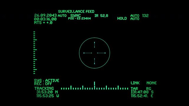 A night vision surveillance targeting HUD displaying tactical tracking interface elements, telemetry indicators, and targeting reticles.