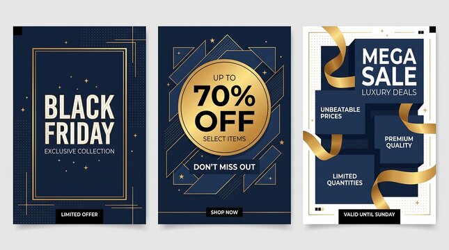 Black friday set of three luxury black friday sale posters with gold and blue design
