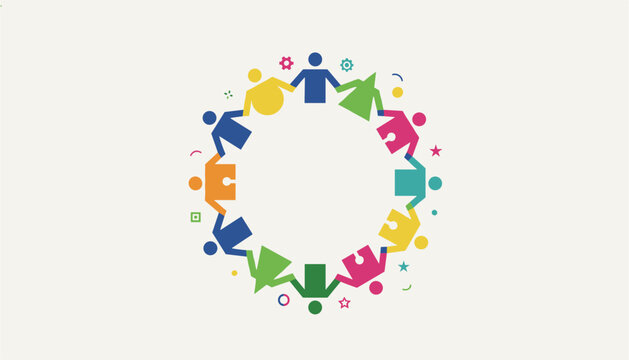Silhouettes of diverse colorful people holding hands in a perfect circle symbolizing global unity and friendship.