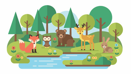 Naklejka premium Group of cute forest animals including a fox, owl, bear, deer, and rabbit sitting together near a blue river stream.