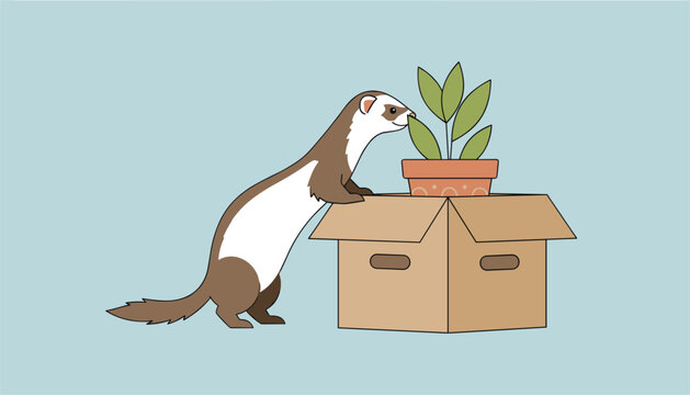 Playful ferret standing on a cardboard delivery box and curiously sniffing a green houseplant in a small pot.