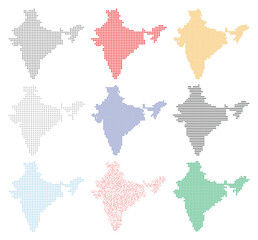 Fototapeta premium India map vector set, colorful pixel and dot grid silhouettes, 9 geographic icons for infographics and travel design