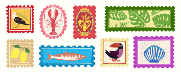 Naklejka premium Retro tropical summer travel stamp vector set. Cute handdrawn hawaii beach surf animal doodle sticker pattern design. Vintage ocean palm vacation postage postcard print.