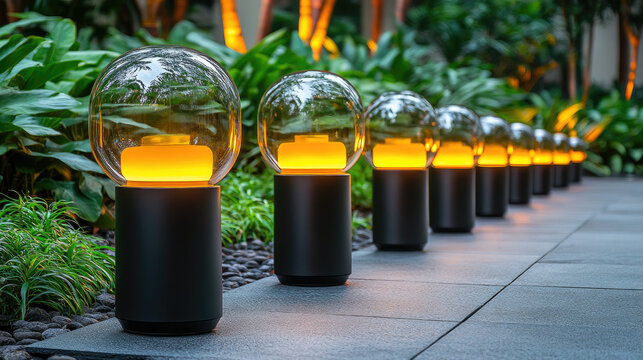 Row of modern garden path lights illuminating a walkway with lush green foliage and stone ground in the evening.