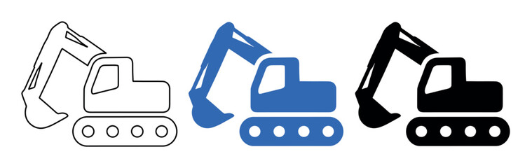 Obraz premium Three distinct excavator icons, including outline, solid blue, and solid black versions, are displayed on a clean white background