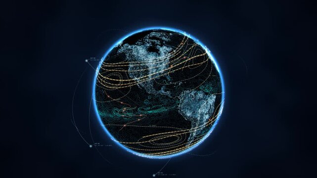 Rotating digital Earth globe with glowing ocean and air current visualization, global climate map on a rotating 3D tech planet with data streams