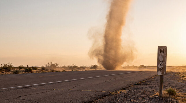 Spinning dust devil on an empty desert highway