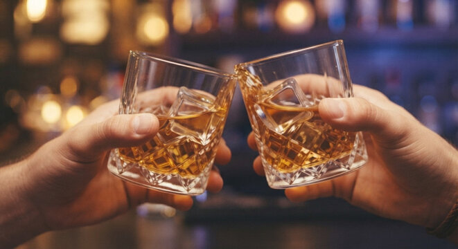Zwei H&auml;nde sto&szlig;en mit bernsteinfarbenem Whiskey in geschliffenen Gl&auml;sern und Eisw&uuml;rfeln an
