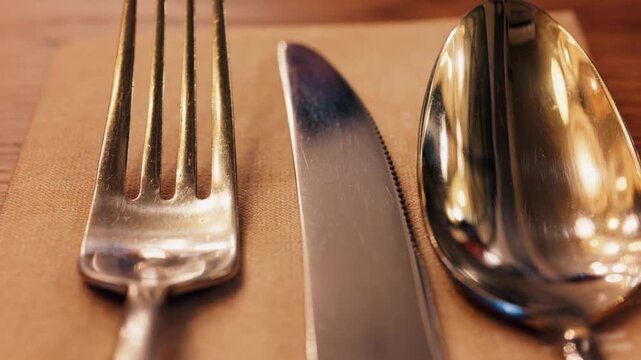 Shiny metal silverware set arranged neatly on a folded napkin for fine dining table setting.