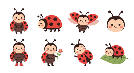 Naklejka premium Set of cute cartoon ladybug characters in different poses for children design projects Vector