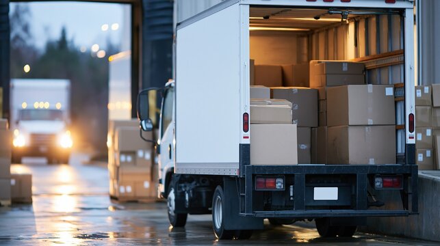 White delivery truck parked at loading dock with cardboard boxes inside and another vehicle approaching in background