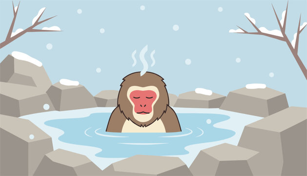 Cute Japanese macaque snow monkey relaxing in a hot spring during a winter snowfall, surrounded by rocks.