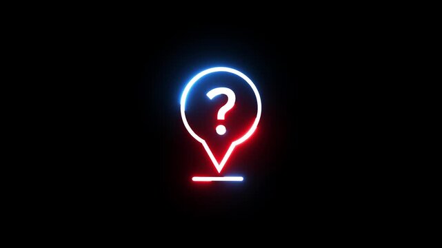 Neon location map pin icon with question mark pulse animation on dark black background loop