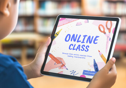 Boy Holding Tablet Mockup PSD For Online Class With Colorful School Design