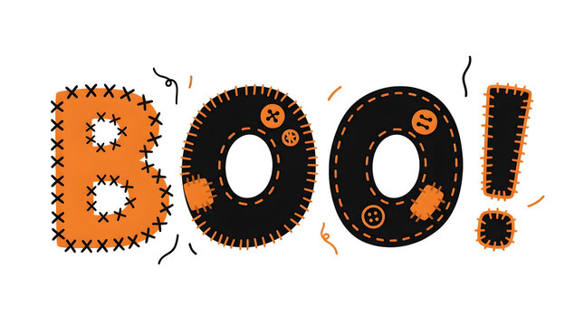 The Halloween word "BOO!" is creatively rendered in a stitched fabric or patch style, featuring orange and black textures with visible seams and button details, offering a crafty and charming design.