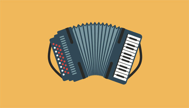 Traditional folk accordion musical instrument showing keyboard, buttons, and bellows over a solid yellow background.