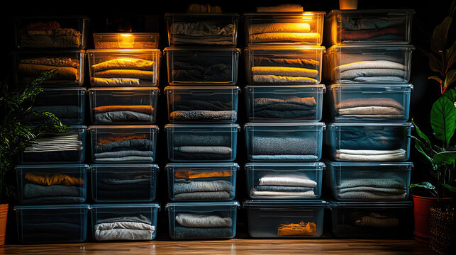 Neatly Organized Wardrobe with Transparent Storage Boxes Full of Folded Clothes and Blankets, Cozy Home Interior